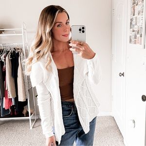 CAbi Cotton Cable Knit Shawl Collar Cardigan Sweater - White/Ivory, Size Small